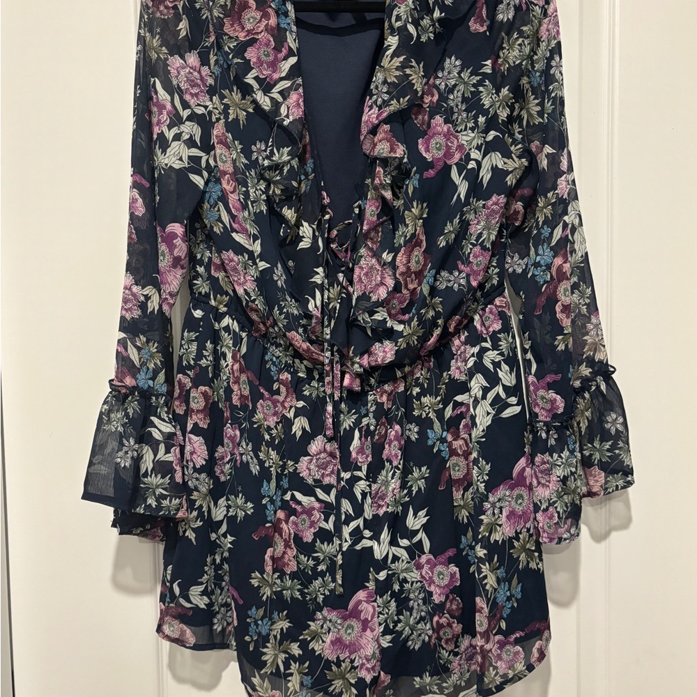 Xhilaration Navy Floral Romper with Pink and Green Accents